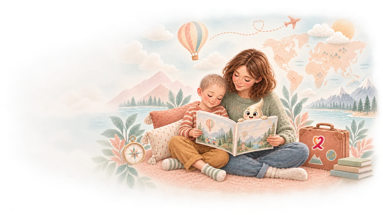 Kind und Bezugsperson lesen gemeinsam ein geöffnetes Bilderbuch.