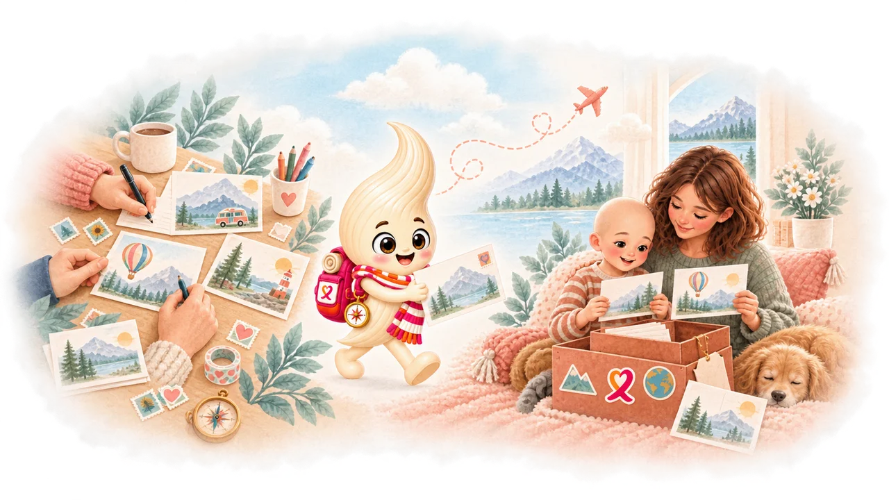 Kind und Bezugsperson entdecken illustrierte Postkarten in einer kleinen Reisekiste.