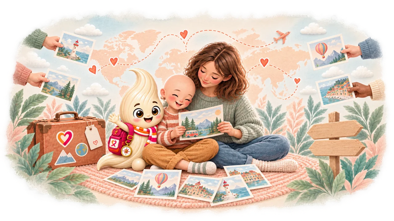 Die Familie und Kami wählen gemeinsam Postkarten und Reiseziele aus.