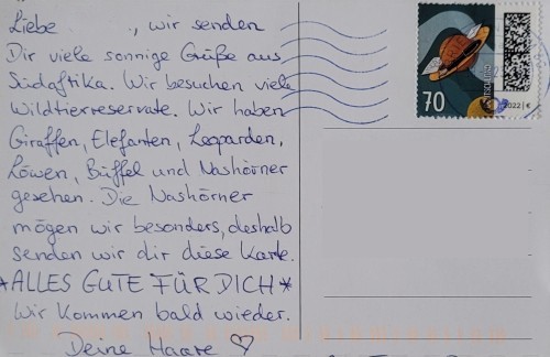 Handgeschriebene Postkarte aus Südafrika